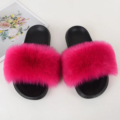 Women's Summer Faux Fur Fox Fur Slippers Fashion Luxury Indoor and Outdoor Non-Slip Solid Color Flat Bottom Furry Sandals