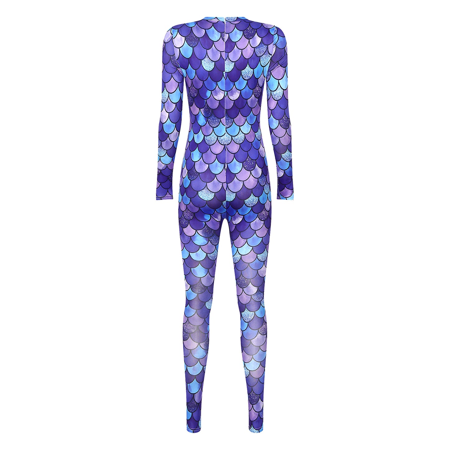 Womens Rash Guard One Piece Swimsuit Mermaid Fish Scale Print Long Sleeve Back Zipper Full Body Tops Sexy Swimwear Jumpsuit