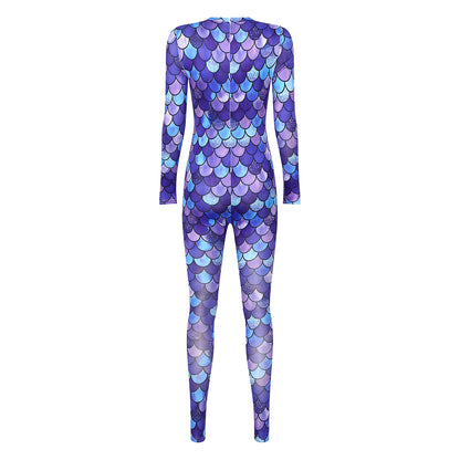 Womens Rash Guard One Piece Swimsuit Mermaid Fish Scale Print Long Sleeve Back Zipper Full Body Tops Sexy Swimwear Jumpsuit