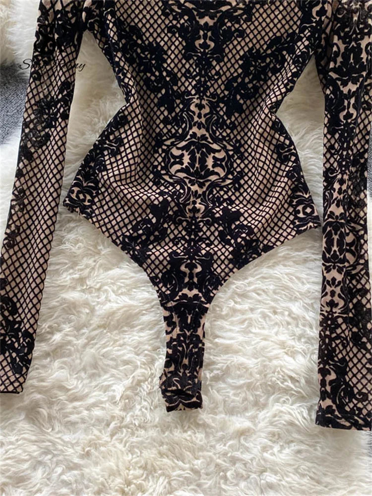 SINGREINY Fashion Women Velvet Slim Playsuits Long Sleeves Vintage Bodycon Rompers Streetwear Y2K Ins Chic Mesh Sexy Bodysuits