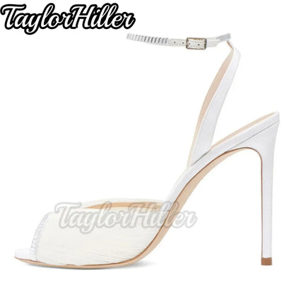 Bridal Crystal Air Mesh Heeled Sandals White Shallow Stiletto Women High Heels Elegant Luxury Designer Peep Toe Shallow Shoes