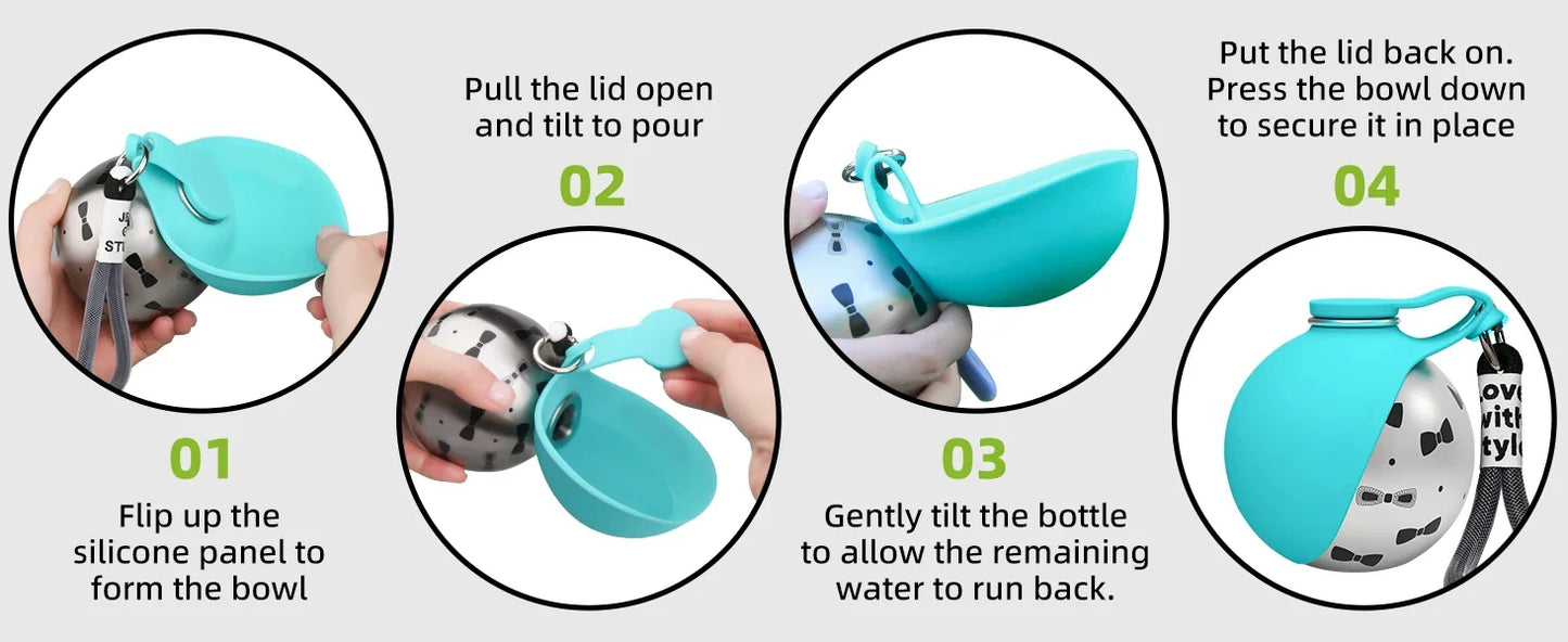 2-in-1 Portable Leak-Proof Compact Dog Travel Water Bottle Stainless Steel Silicon for Small Dogs