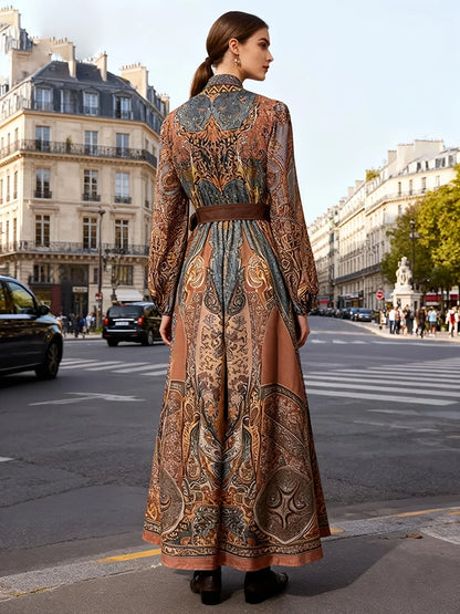plus Size Spring Summer Elegant Print Dress Long Sleeve Umbrella Skirt Design Waist Belt Decoration Slimming Daily Wear dress