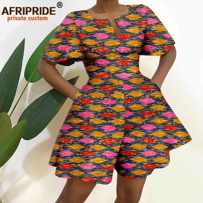 2026 African Clothes for Women Short Sleeve High Waist Print Jumpsuit Casual Cotton Summer Outfits Rompers Playsuits A2329001