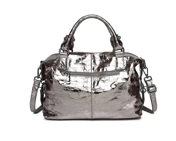 Real Leather Shiny Tote Handbags For Women Fashion Genuine Cowhide Leather Metallic Lady Bags With Shiny Embossed Coating