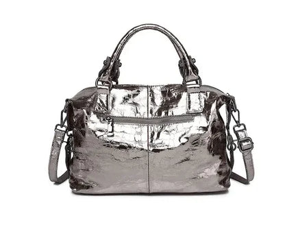 Real Leather Shiny Tote Handbags For Women Fashion Genuine Cowhide Leather Metallic Lady Bags With Shiny Embossed Coating