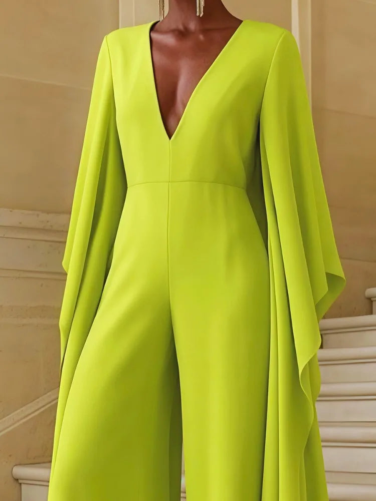UOOZEE Women's Elegant Solid Color Deep V-Neck Party Jumpsuits 2026 New Flared Sleeve Loose High Waisted Wide Leg Evening Romper