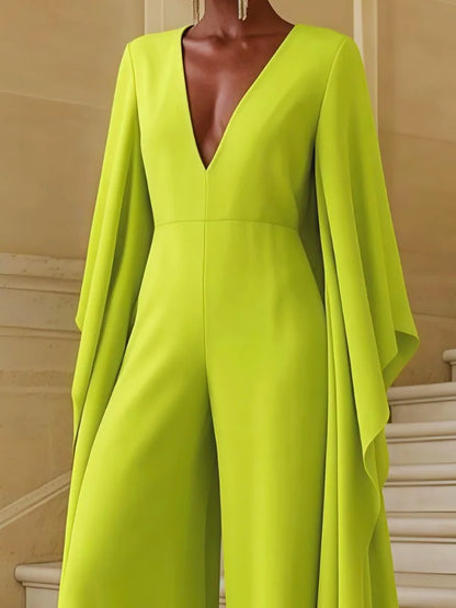 UOOZEE Women's Elegant Solid Color Deep V-Neck Party Jumpsuits 2026 New Flared Sleeve Loose High Waisted Wide Leg Evening Romper