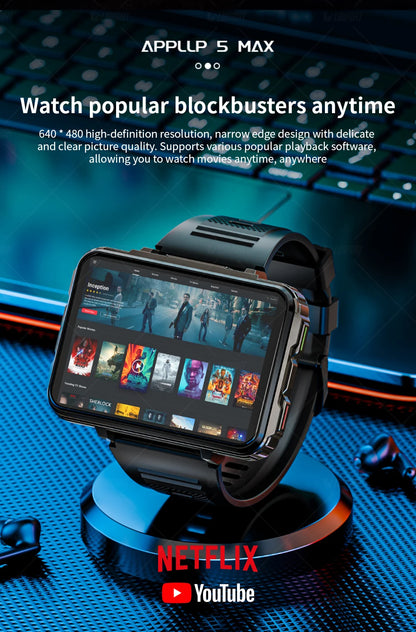 LOKMAT APPLLP 5 MAX  Android Watch Phone Square Big Screen Wifi 4G Calls Smartwatches Dual Camera with Flashlight Gaming Watch