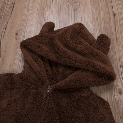 Women Winter Warm Plush Romper Pajamas Solid Color Long-Sleeve Zipper High Neck Hooded Homewear S/M/L/XL/2XL
