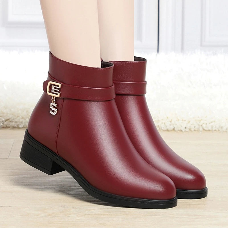 High-Heeled Leather Shoes Spring Single Shoes Thick Heel Thick Sole Slip-On Women's Shoes Square Toe Middle-Aged Mother's Shoes