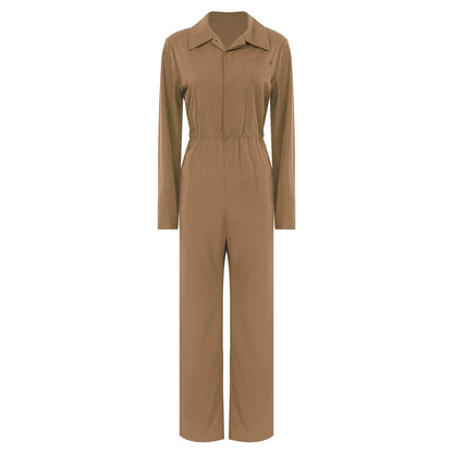 Womens Fashion Work Coverall Rompers Casual Solid Color Turn-Down Collar Long Sleeve Button Jumpsuit Travel Holiday Cargo Pants