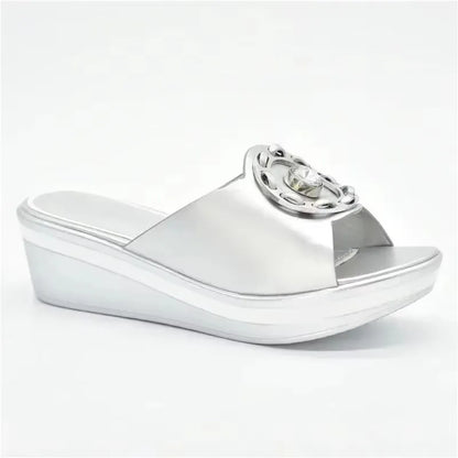 Latest Design African Party Shoes Decorated with Metal Wedding Shoes for Women Bride Wedges Shoes for Women Luxury Shoes