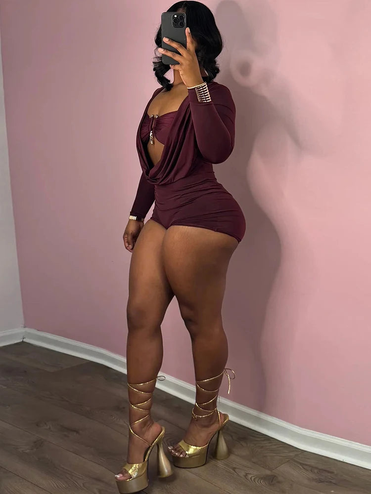 Sisterlinda Swinging Neck Playsuits Women Solid Metal Splice Cleavage Full Sleeve Stretch Sexy Slim Romers Chic Trend Clubwear