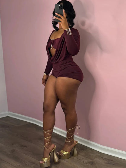 Sisterlinda Swinging Neck Playsuits Women Solid Metal Splice Cleavage Full Sleeve Stretch Sexy Slim Romers Chic Trend Clubwear
