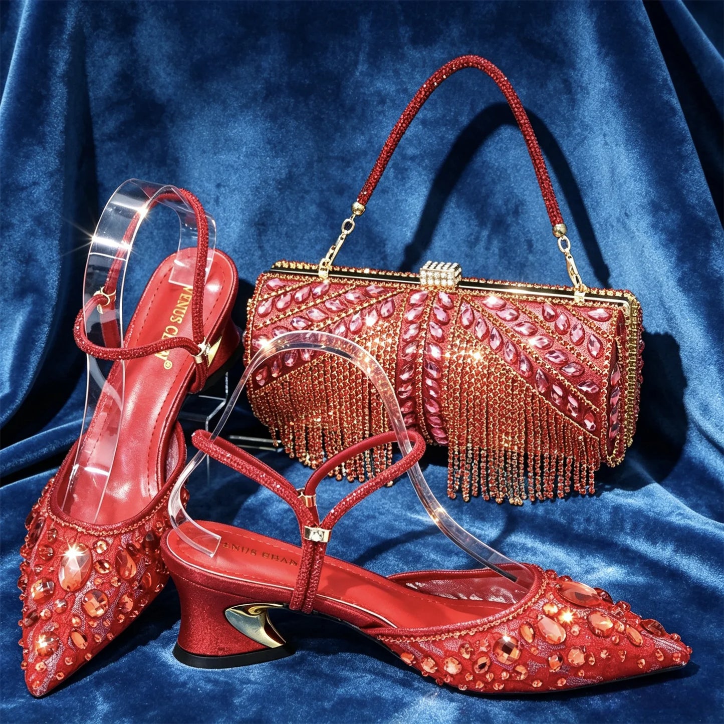 Women Purple Rhinestone Shoes Matching Bag Set Italian Design Chunky Heel Pumps Tassel Clutch Purse Nigeria Wedding Party Dress