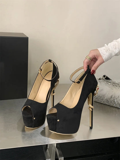 Liyke Sexy Metal Snake Shape Thin Heeled Sandals Women Peep Toe Buckle Strap Platform High Heels Party Stripper Shoes Size 35-42