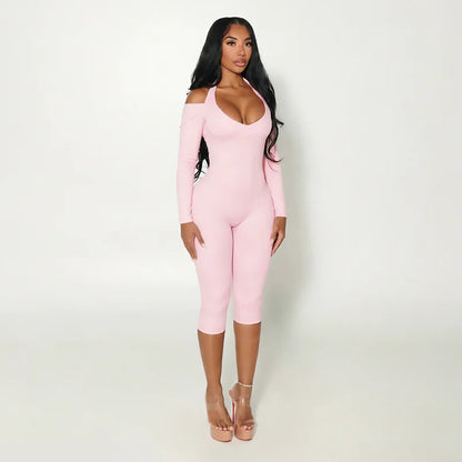 Sexy hot girl hanging neck, exposed back, slim fit, slimming jumpsuit, cropped pants