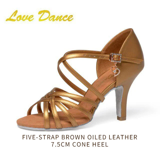 UK Latin Dance Women's Medium-Heel Latin Shoes Brown Oiled Leather Soft Indoor Sole for Competition Daily Practice