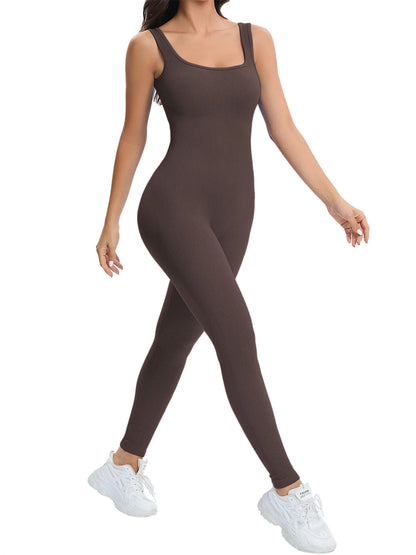 Women Workout Seamless Jumpsuit Yoga Ribbed Bodycon One Piece Tank Top Leggings Romper