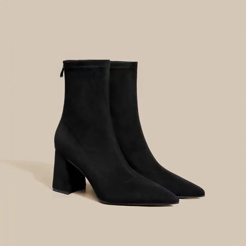 Elegant Plus Size Winter Boots Pointed Toe Suede Comfortable Square Heel Casual Work Booties for Women Fashionable New Style Hor