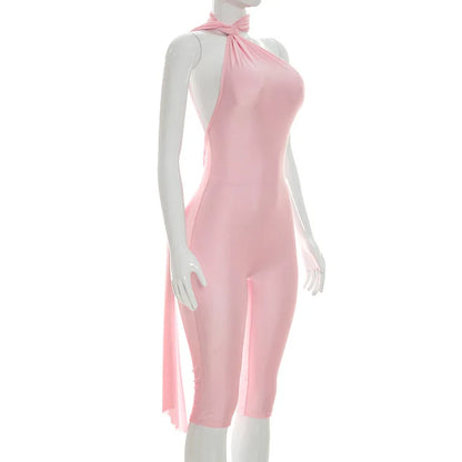 Sexy Backless Ruched Halter Neck Tie Solid Slim Fit Capris Jumpsuit Women Fashion Overalls Playsuits Beach Vacation Clubwear