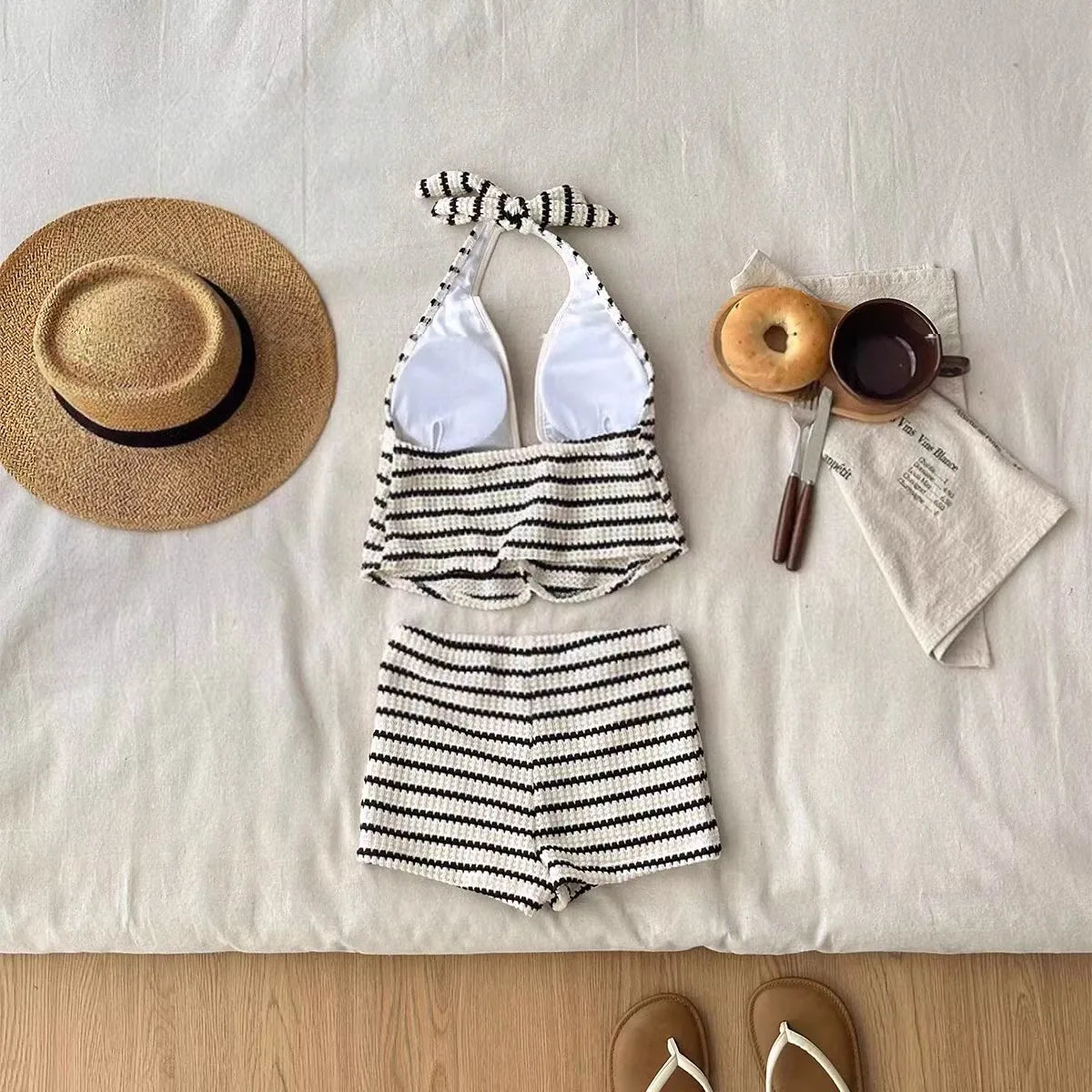 2026 New Women's High-End Striped Knitting Bikini Set Halter Deep V Neck Two-Piece Swimsuit Sexy Beach Bathing Suit for Vacation