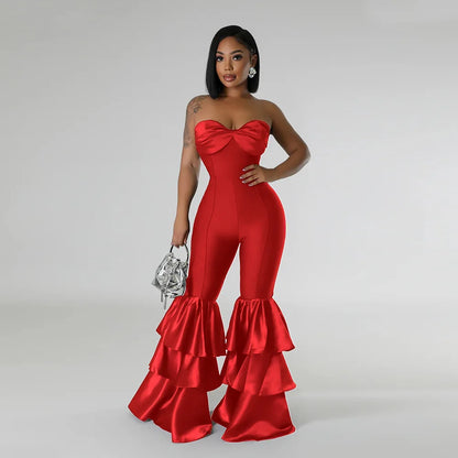 Jumpsuits Strapless Women Sleeveless Sexy Rompers One Piece Overalls Slim Fit Long Pant Ruffles Patchwork Elegant Lady