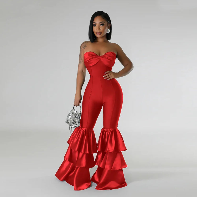 Jumpsuits Strapless Women Sleeveless Sexy Rompers One Piece Overalls Slim Fit Long Pant Ruffles Patchwork Elegant Lady