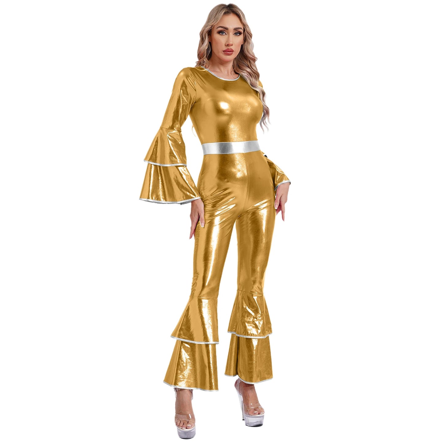Womens 70S Disco Vintage Jumpsuit Metallic Shiny Flare Sleeve Bodysuit Hippie Bell Bottom Jazz Dance Carnival Rave Party Costume
