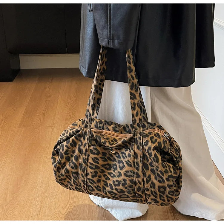 Trendy Leopard Print Canvas Shoulder Bag Large Capacity Fashion Tote Handle Bag for Daily Commute Versatile Texture Storage Bags