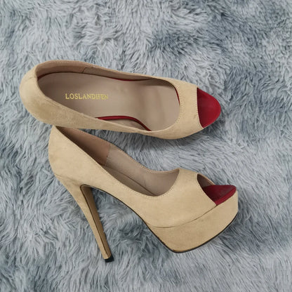2026 Women Pumps New Fashion 14cm Sexy Peep Toe High Heels Velvet Platform Thin Heel Lady Party Dance Red Wedding Woman Shoes