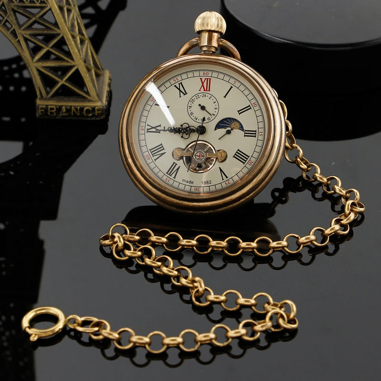 New Luxury Vintage Mechanical Pocket Watch Multifunctional Moon Hand Wind Fob Chain Watches Relogio De Bolso Gifts for Men Woman