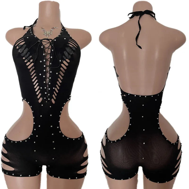 New Style One Piece Exotic Dancewear Sexy Lace-up Hollow-out Rhinestone Patchwork Bodycon Rompers Women Bodysuit Stripper Outfit