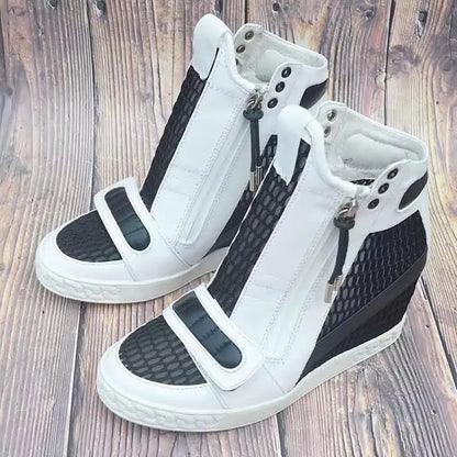 Mesh Net Height Increasing Ankle Boot 8CM Round Toe Hook Loop Leisure Shoes Zipper Rubber Sole Wedge Shoes Black White
