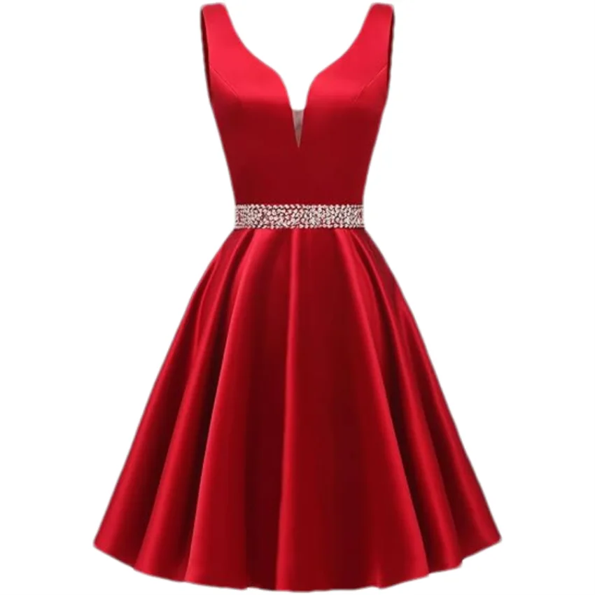 Customized Simple Satin Homecoming Dresses for Teens Short Prom Dress V-Neck Beaded Belts Evening Formal Cocktail Party Gowns