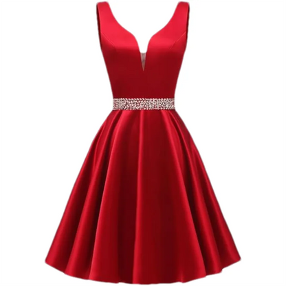 Customized Simple Satin Homecoming Dresses for Teens Short Prom Dress V-Neck Beaded Belts Evening Formal Cocktail Party Gowns