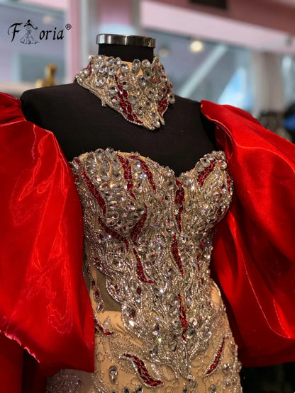 Luxury Heavy Beaded Evening Dress Puffy Big Sleeve High Neck Mermaid Prom Gown Sparkly Rhinestone Formal Party Dresses Customize
