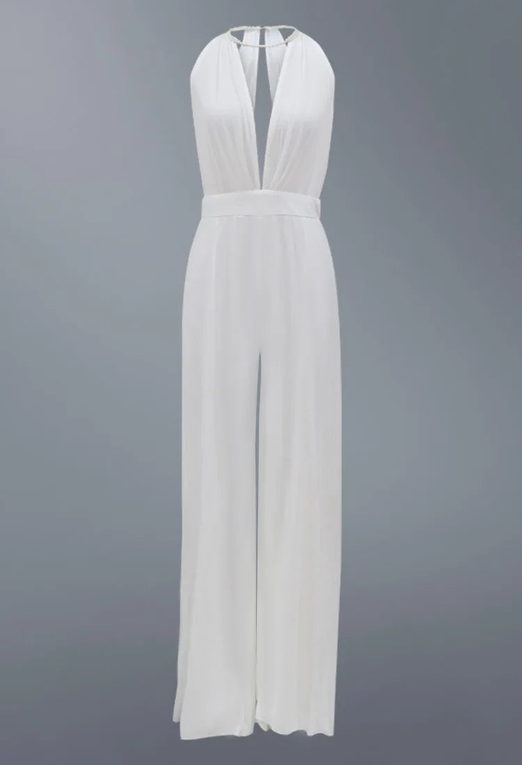 Sexy Deep V-neck Jumpsuits Women Sleeveless Halter Neck Backless Lace Hollow Out Wide Legs Slit Flared Jumpsuit Elegant Fashions