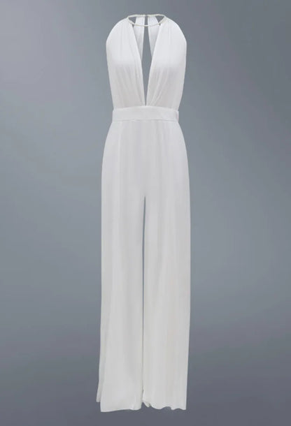 Sexy Deep V-neck Jumpsuits Women Sleeveless Halter Neck Backless Lace Hollow Out Wide Legs Slit Flared Jumpsuit Elegant Fashions