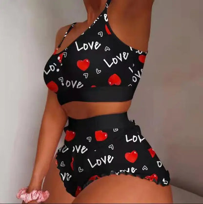 Summer Pajama Sets for Women Sleepwear Strawberry Printed Lace Sling Crop Tops and Shorts 2-Piece Set Loungewear Pijamas