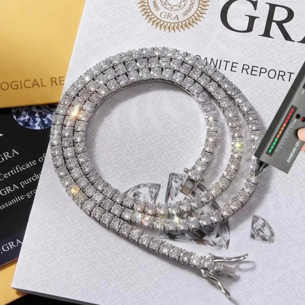New D VVS1 Moissanite 925 Sterling Silver Tennis Necklace with GRA Certificate for Man Women Sparkling Jewelry Party Gifts