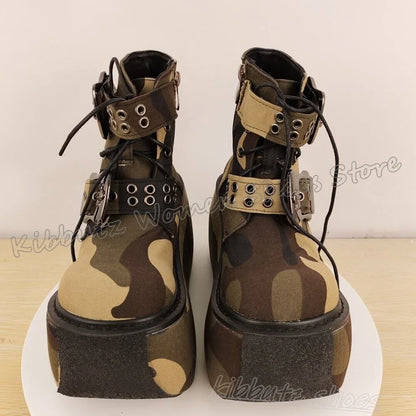 Belt Buckle Ankle Boot Platform Shoes Round Toe Thick Bottom Lace-Up Mixed Color Fashion Luxury Elegant Concise Sexy Novelty New