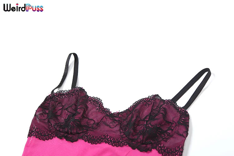 Weird Puss Patchwork Lace 2piece Sets Woman Summer Sexy Fungus Trim Spaghetti-Strap Tops+Chic Tierred Pants Party Skinny Outfits