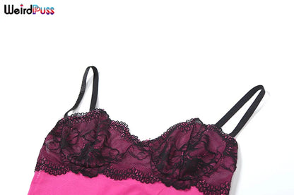Weird Puss Patchwork Lace 2piece Sets Woman Summer Sexy Fungus Trim Spaghetti-Strap Tops+Chic Tierred Pants Party Skinny Outfits