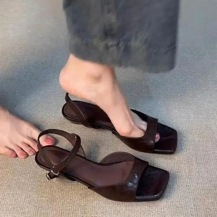2026 Summer Women's Low Heel Sandals - Fashion Leather Material Suitable for Office Wear and Casual Outdoor Shoes Sizes 35 - 42