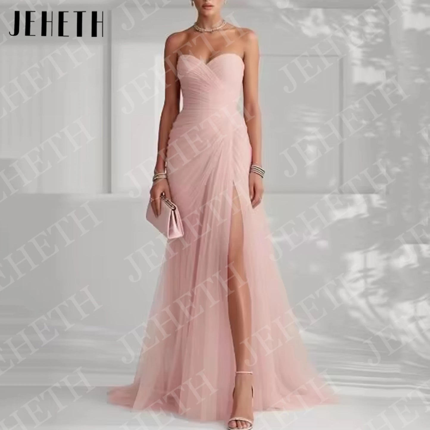 JEHETH Sky Blue Elegant Evening Dresses for Wedding Guest Woman Strapless Tulle Pleated High Slit Engagement Dress Customized
