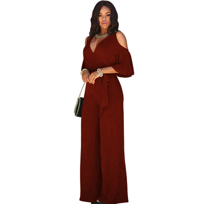 2024 Spring/Summer New Women's jumpsuit loose and elastic V-neck off shoulder waist loose wide leg pants for women's clothing