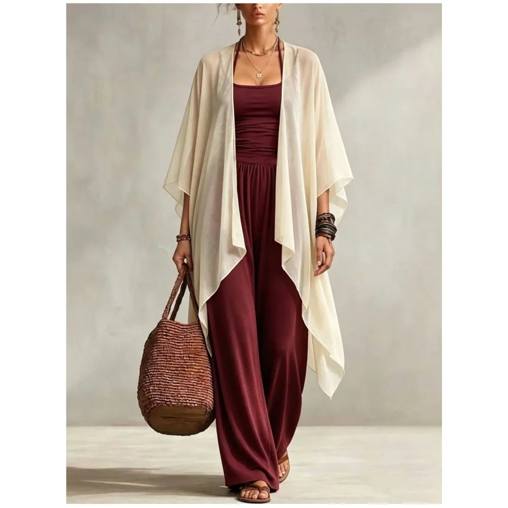 Summer New Sexy Bandeau One Piece Pants Set For Women's 2 Piece Casual Loose Fitting Wide-leg Pants Plus Shawl Tops Set Female
