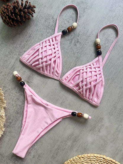 Sexy Brown Bikini Set 2026 Women Pearls Strap Hole Out Push Up Bra Thong Swimsuit Brazilian Beach Bathing Suit Micro Swimwear